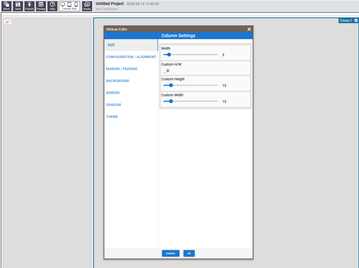 Column settings panel for one column of a two-column container