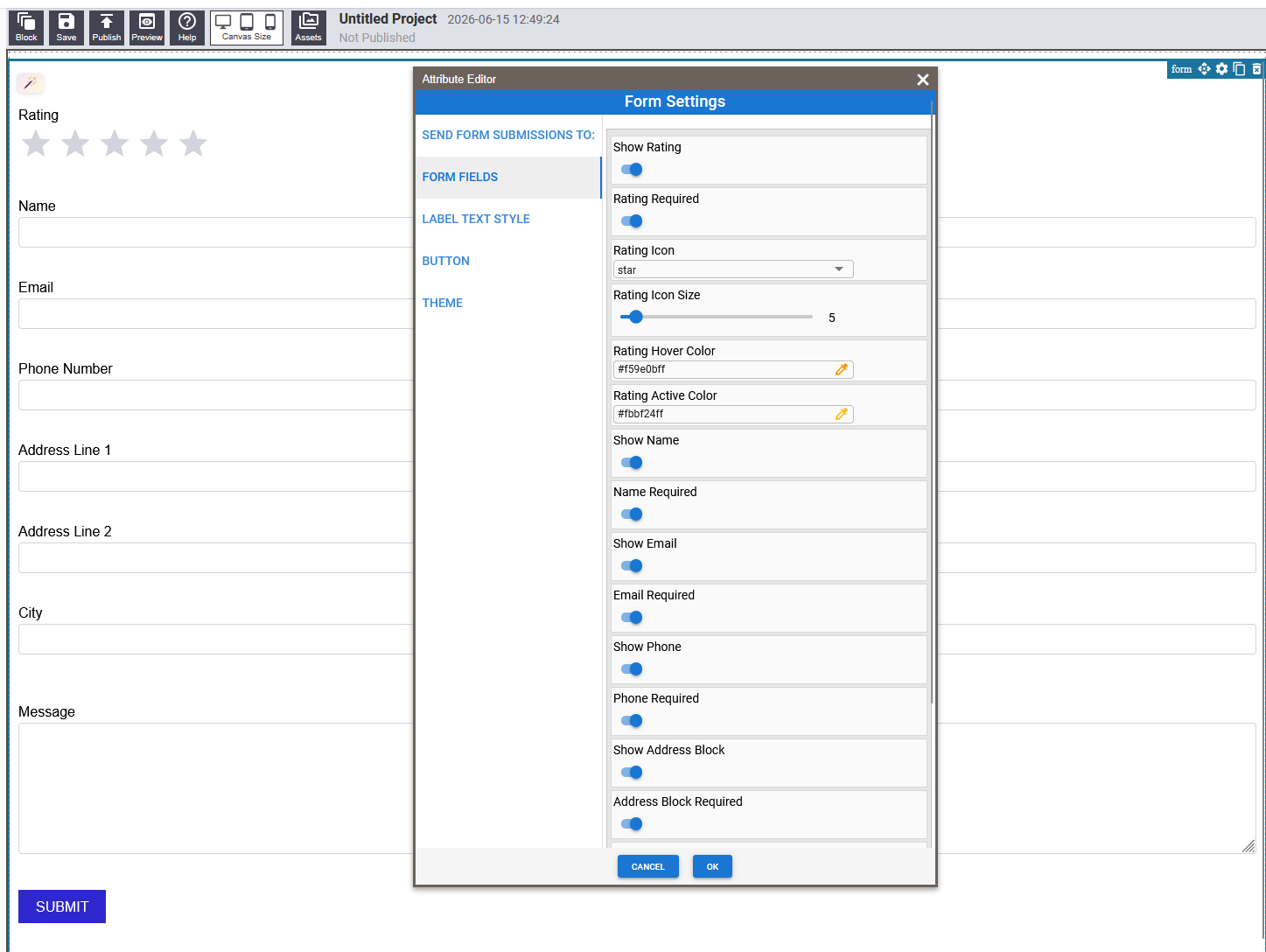 Form block showing name, email, phone, message, star rating, and submit button