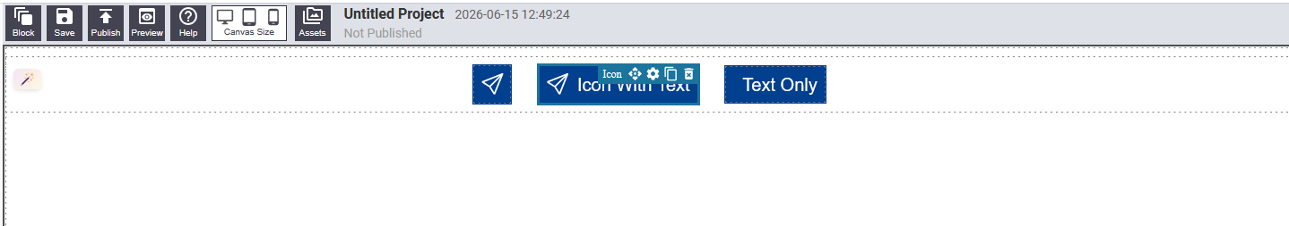 Icon and button block showing icon-only, text-only, and icon+text variations