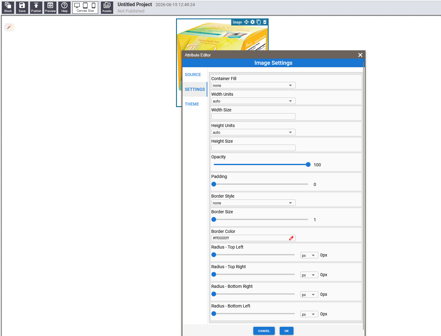 Image block on the canvas with settings panel open