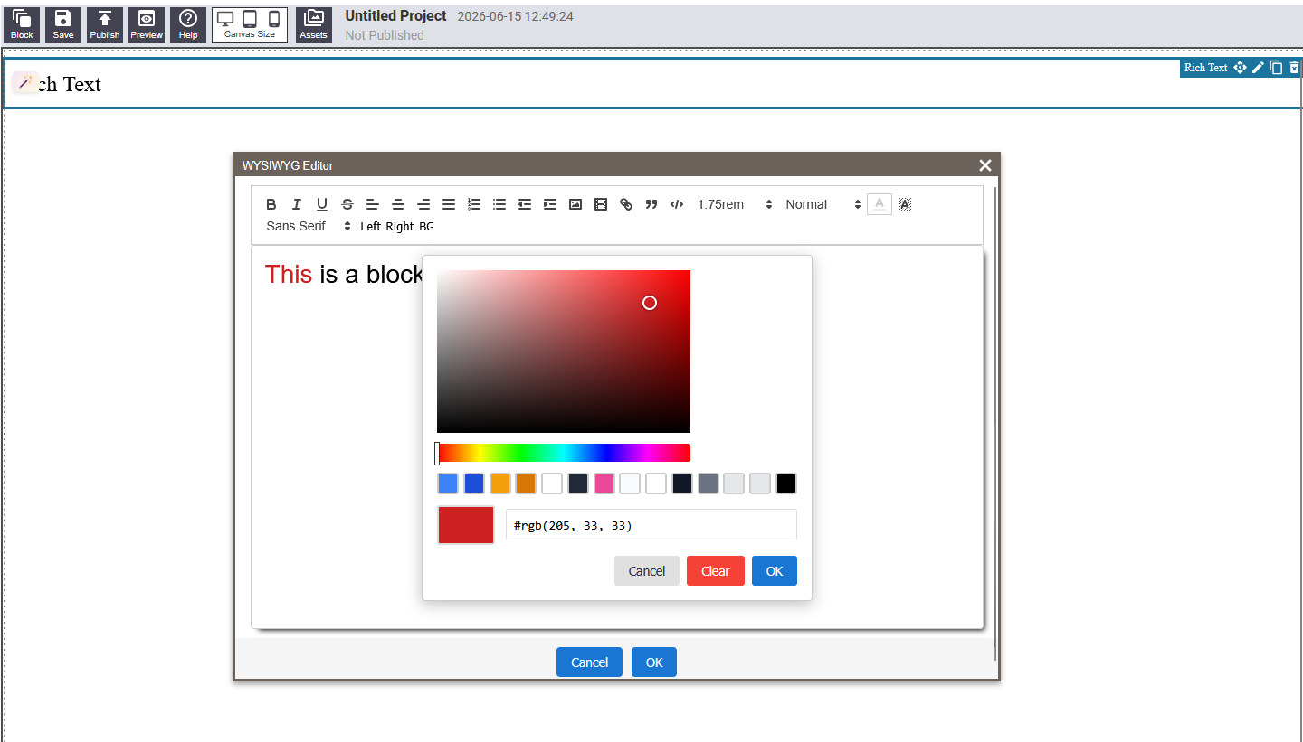 Rich text block being edited with formatting toolbar showing