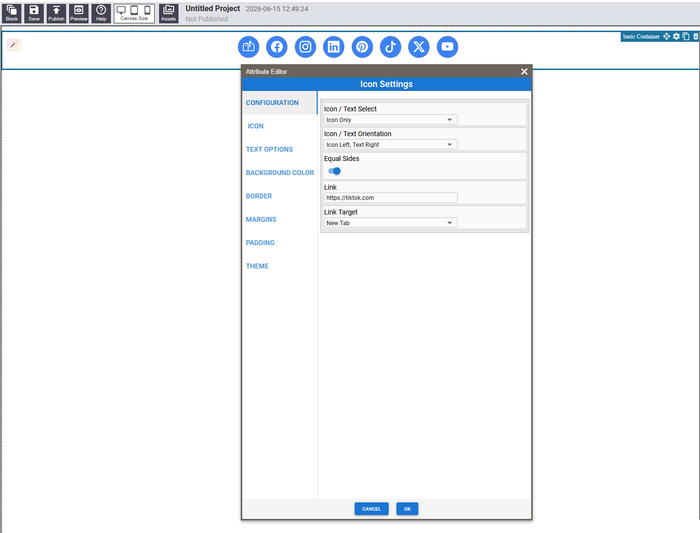 Settings panel open for a social icon showing the Link field