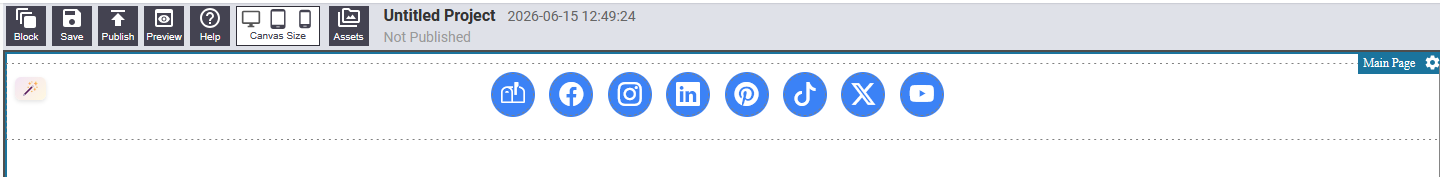 Social icons block showing a row of circular icons for major platforms