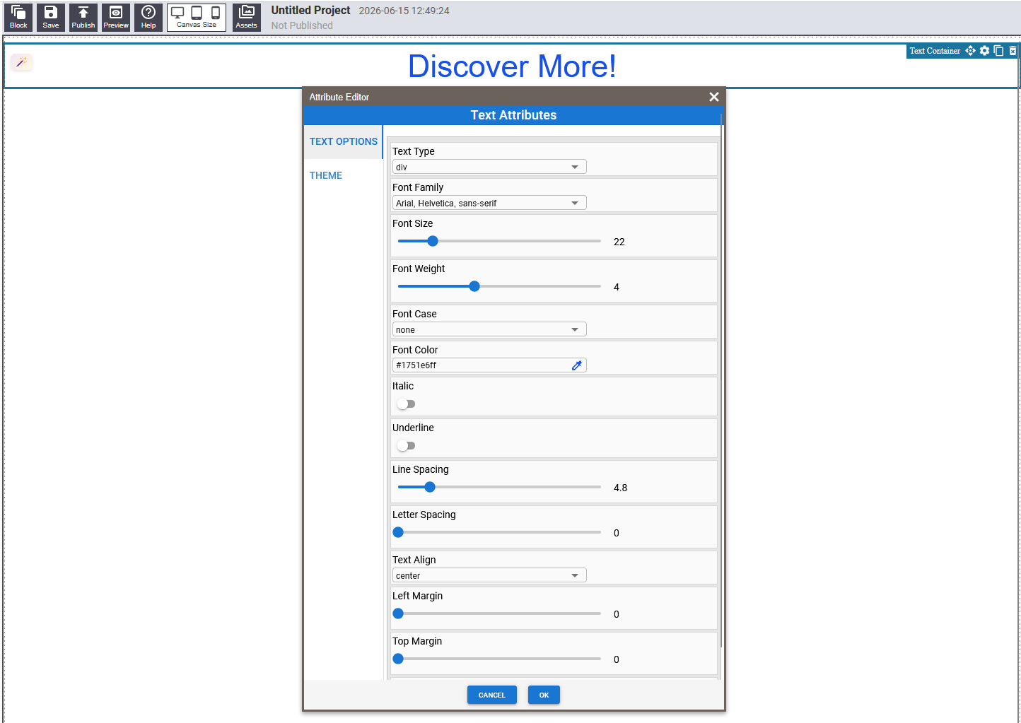 Text container block with settings panel showing font options