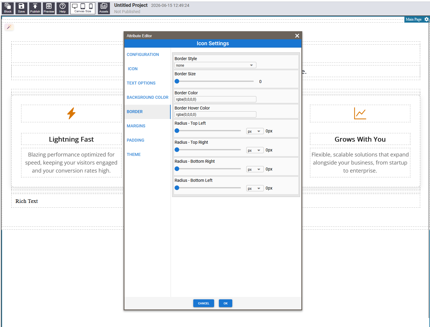 Settings panel expanded showing Background, Border, and Shadow groups