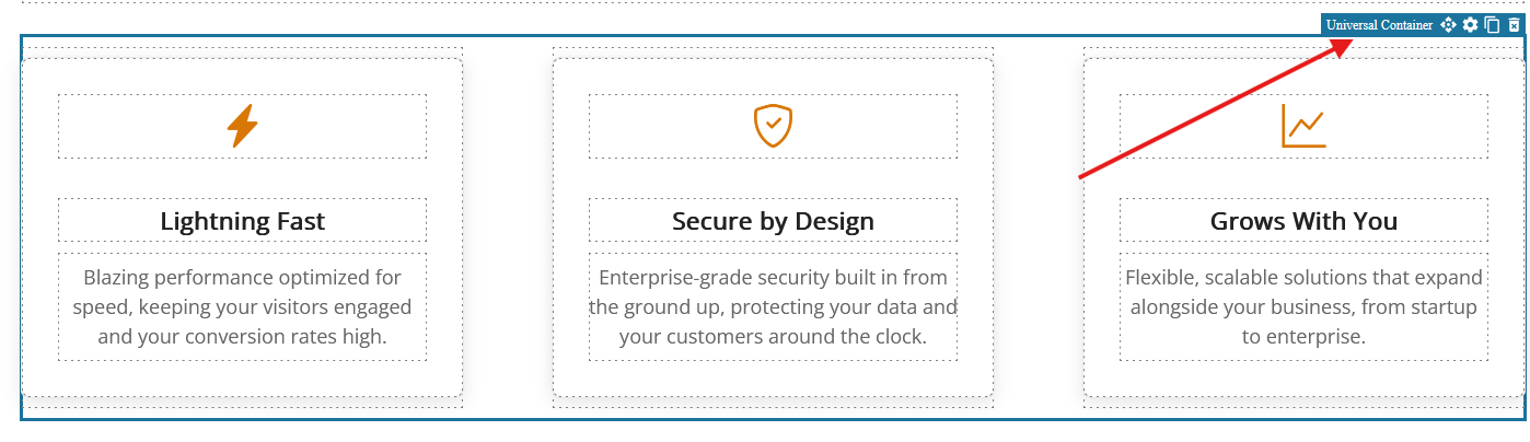 Block hover state showing the control bar with settings, duplicate, delete, and drag icons