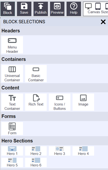 Block panel showing categories and block thumbnails
