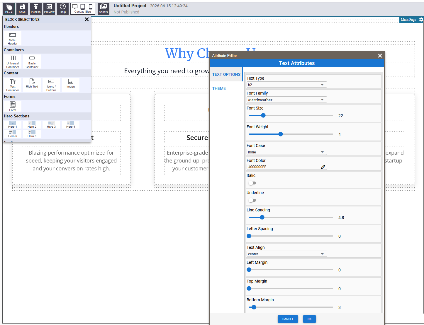 Full builder interface — toolbar, block panel, canvas, and settings panel