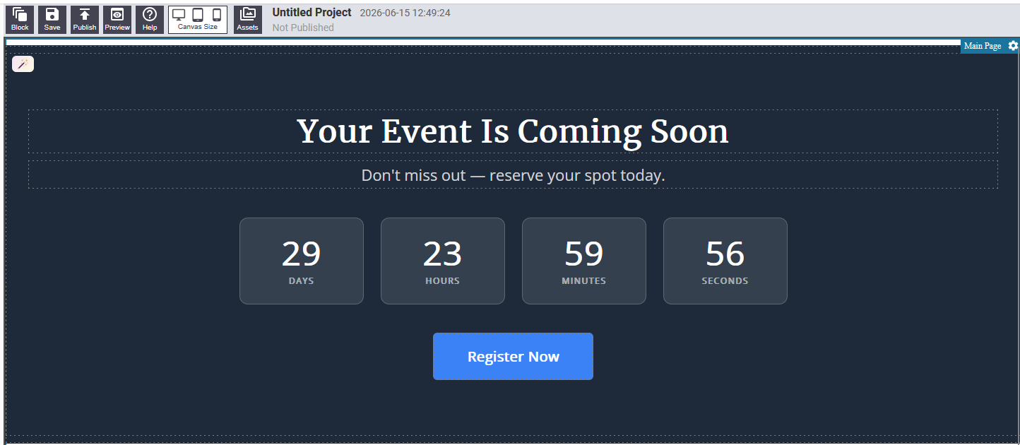 Countdown block showing a live timer with days, hours, minutes, and seconds