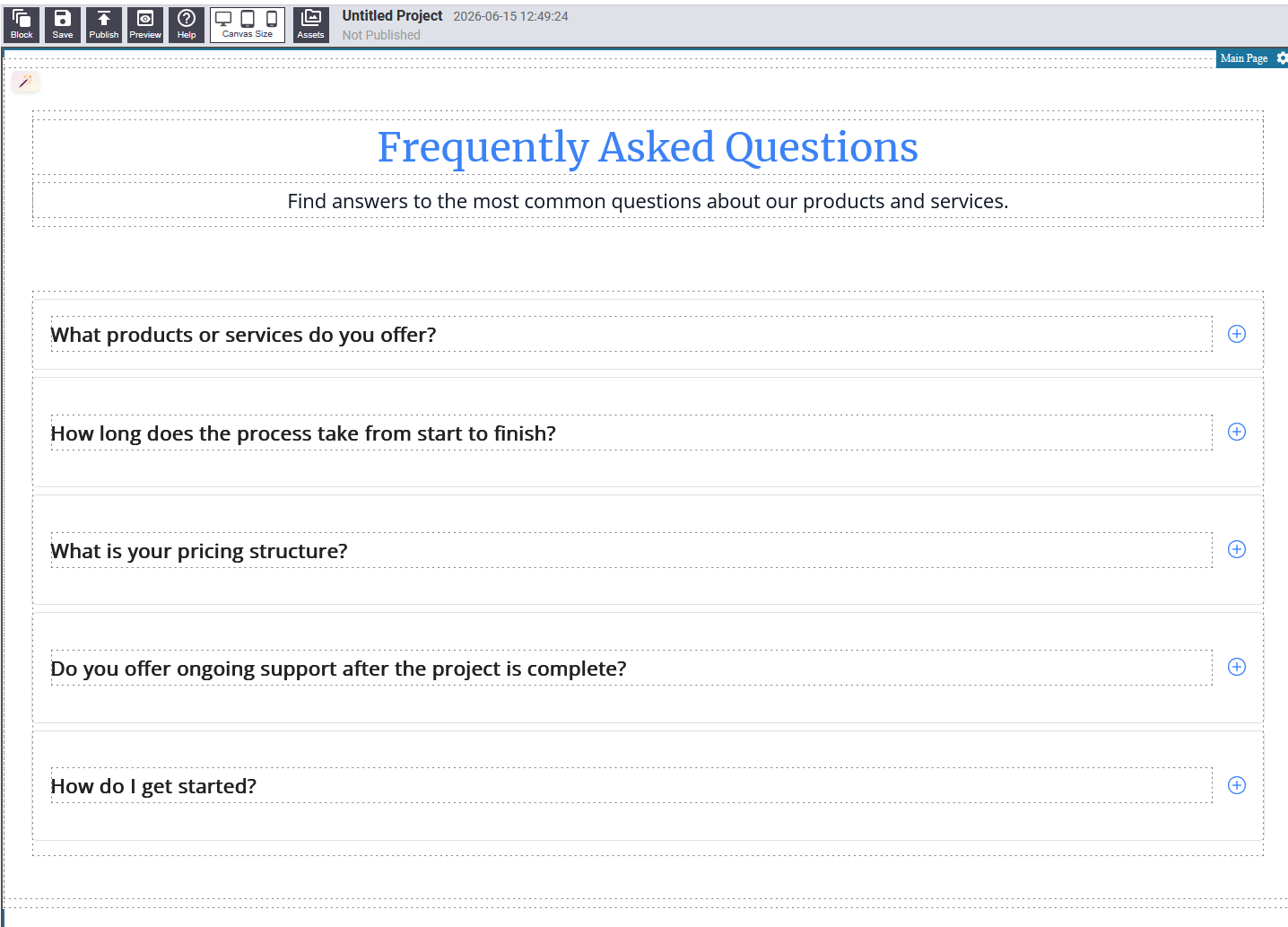 FAQ block showing expandable question list