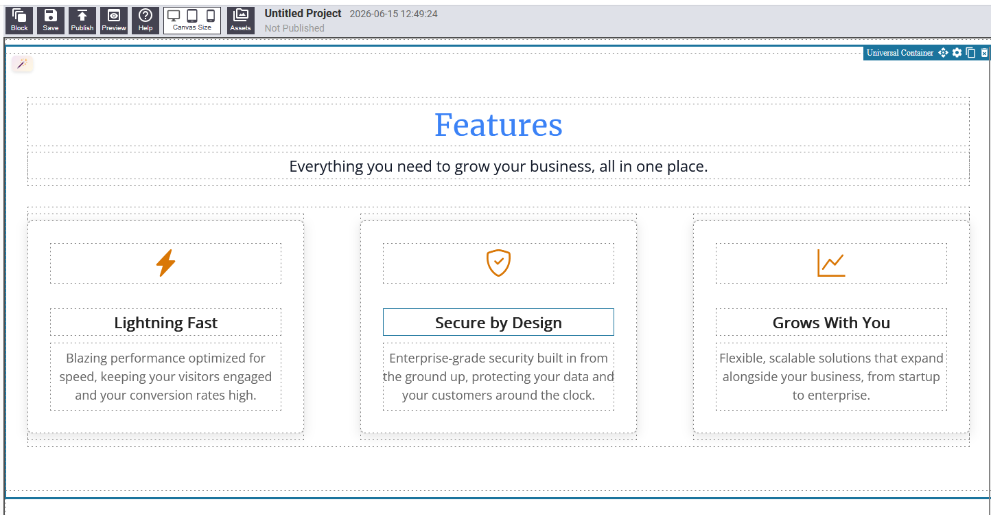 Features block showing a grid of icon, heading, and description cards