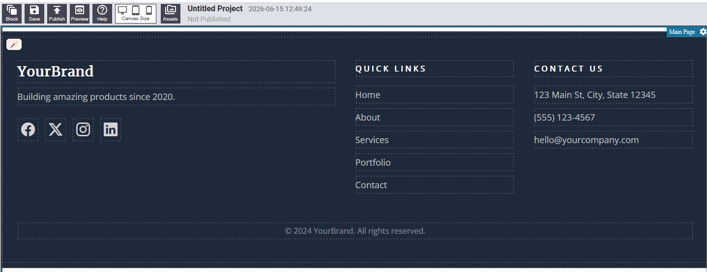 Footer block showing company name, links, and copyright across a dark background