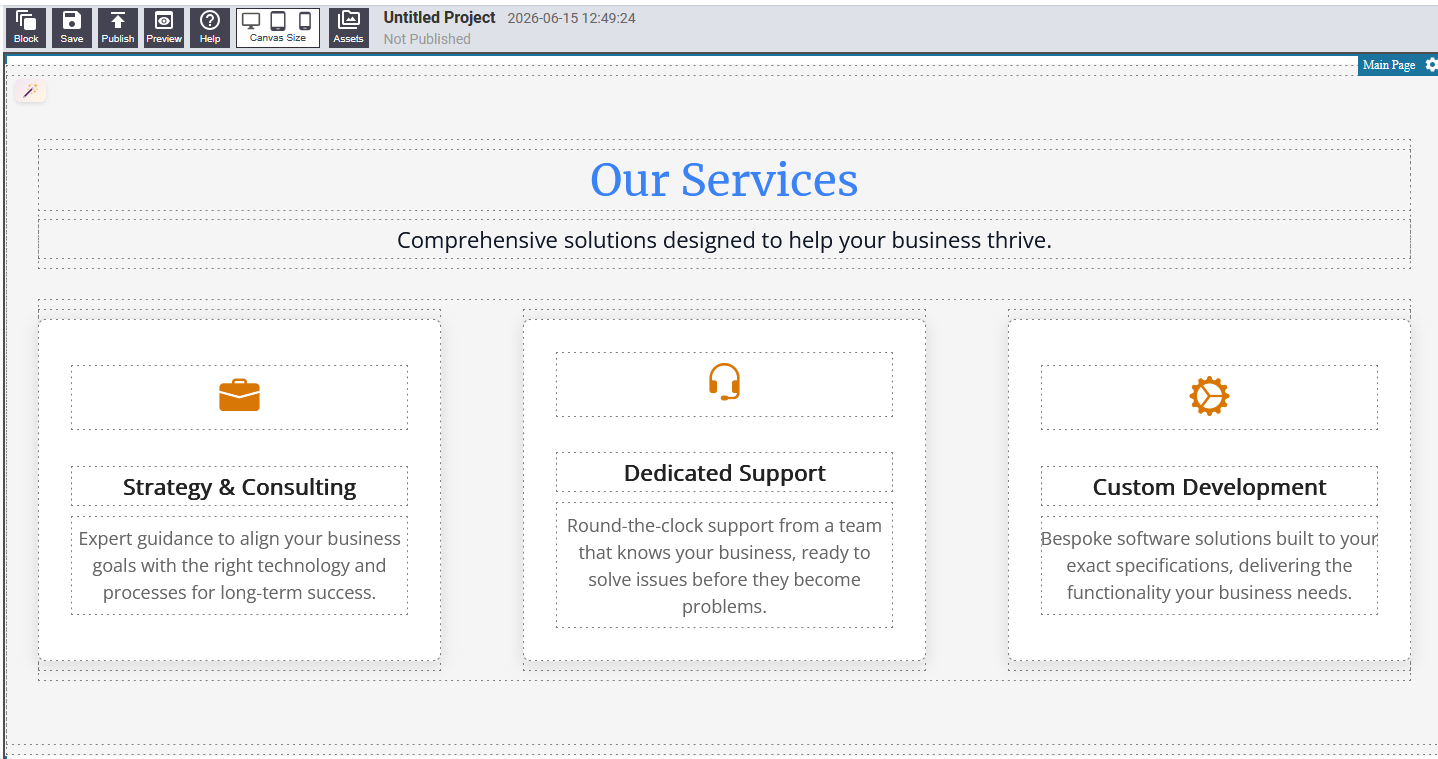 Services block showing a list or grid of services with icons and descriptions