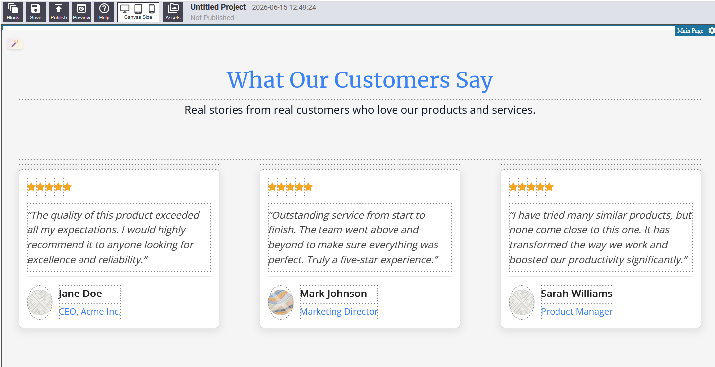 Testimonials block showing quote cards with names and star ratings